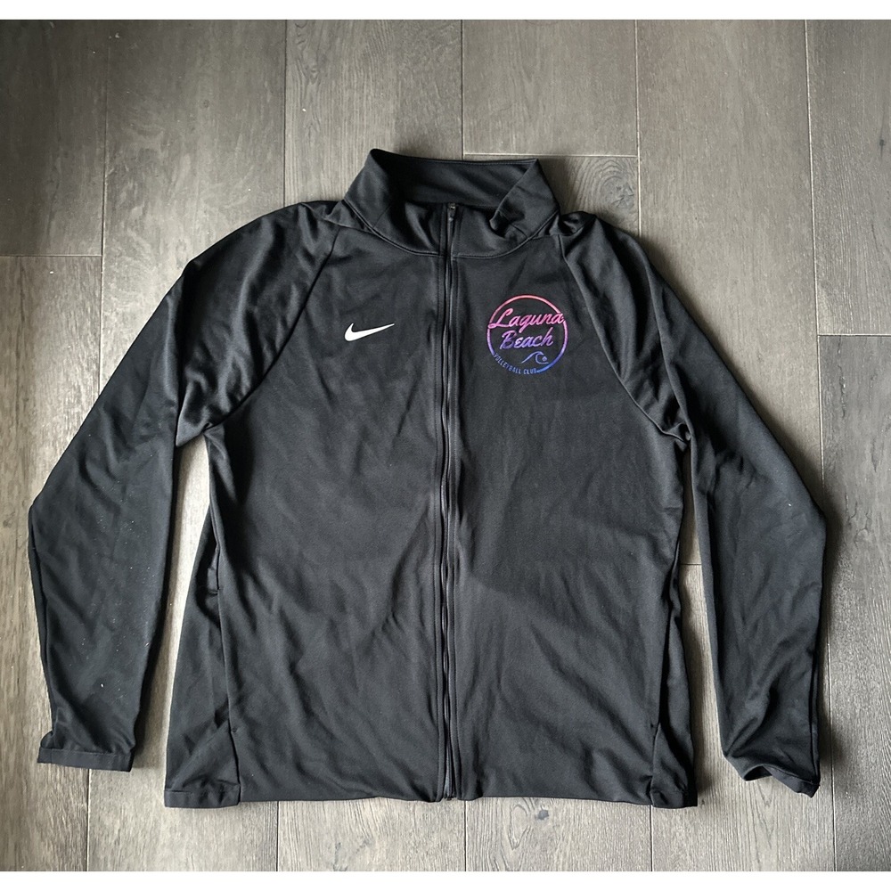 Nike Dri-Fit Jacket Womens Large Black White Swoosh Gym Athletic Track Full Zip